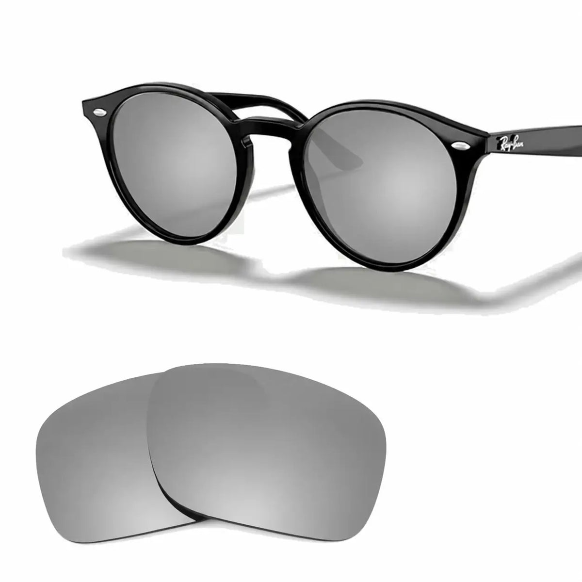 Ray-Ban RB2180 replacement lenses in mirrored silver, angled view of the frame with the pair of lenses below · ReFramed