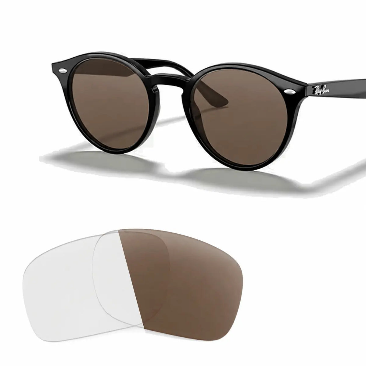Ray-Ban RB2180 replacement lenses in photochromic brown, angled view of the frame with the pair of lenses below · ReFramed