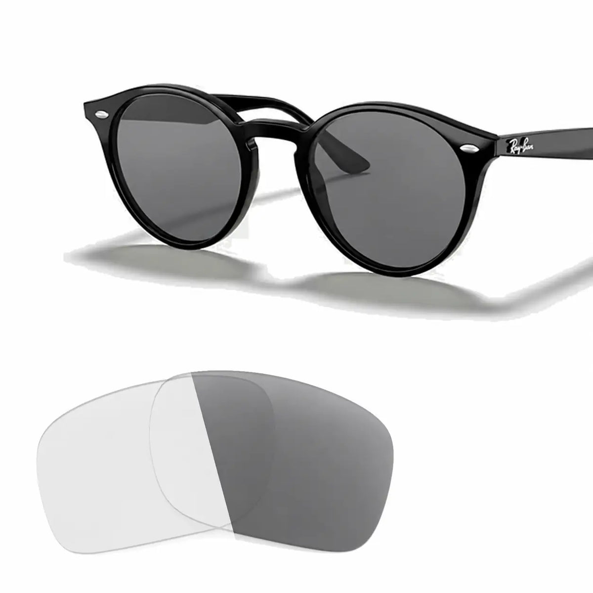 Ray-Ban RB2180 replacement lenses in photochromic gray, angled view of the frame with the pair of lenses below · ReFramed