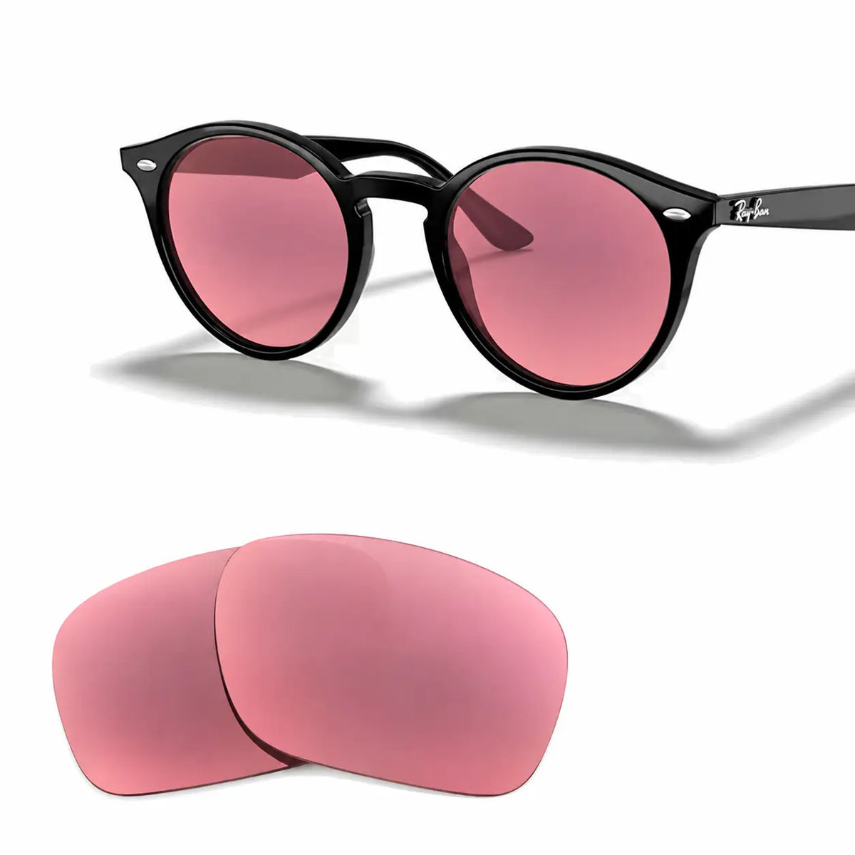 Ray-Ban RB2180 replacement lenses in pink, angled view of the frame with the pair of lenses below · ReFramed