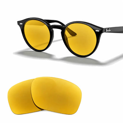 Ray-Ban RB2180 replacement lenses in yellow, angled view of the frame with the pair of lenses below · ReFramed