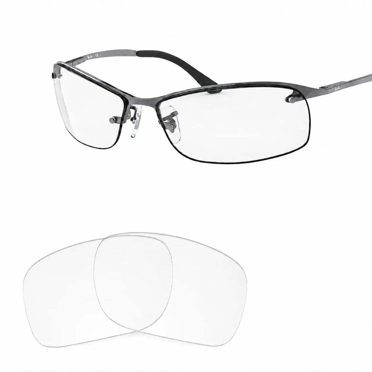 Ray-Ban RB3183 replacement lenses in crystal clear, angled view of the frame with the pair of lenses below · ReFramed