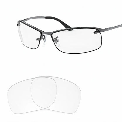 Ray-Ban RB3183 replacement lenses in crystal clear, angled view of the frame with the pair of lenses below · ReFramed