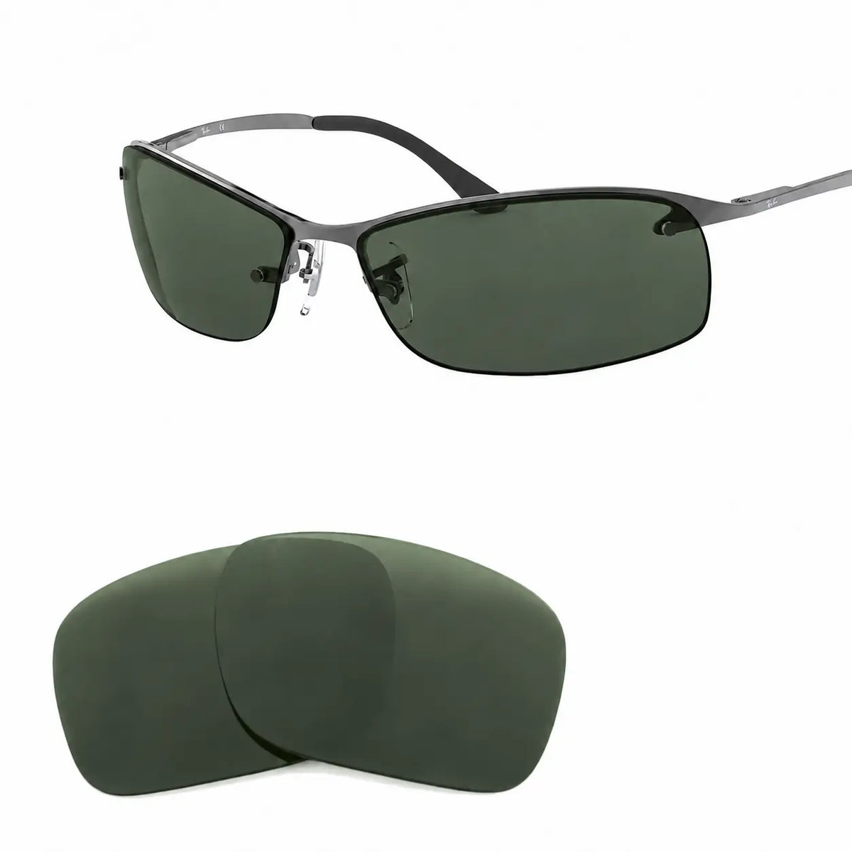 Ray-Ban RB3183 replacement lenses in G15 green, angled view of the frame with the pair of lenses below · ReFramed