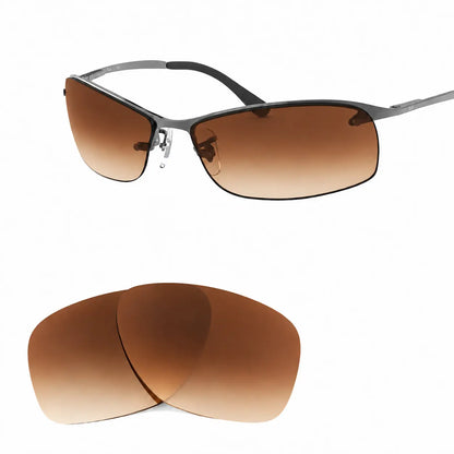 Ray-Ban RB3183 replacement lenses in gradient brown, angled view of the frame with the pair of lenses below · ReFramed