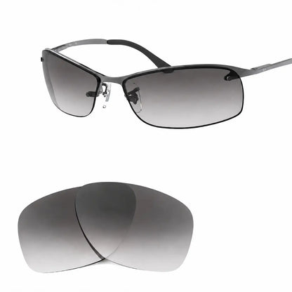 Ray-Ban RB3183 replacement lenses in gradient gray, angled view of the frame with the pair of lenses below · ReFramed