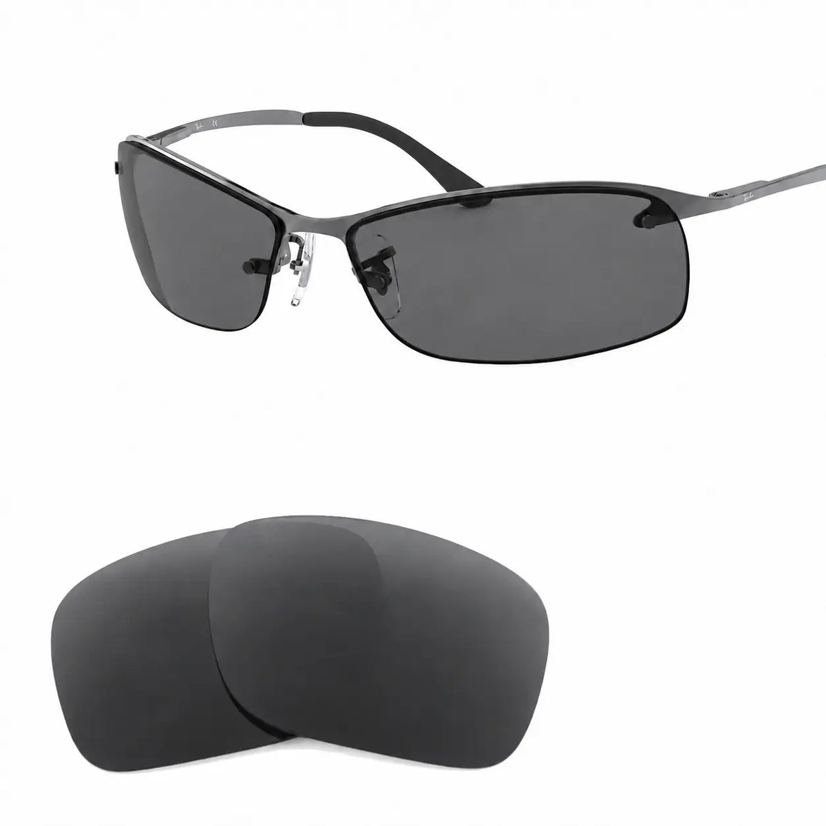 Ray-Ban RB3183 replacement lenses in gray, angled view of the frame with the pair of lenses below · ReFramed