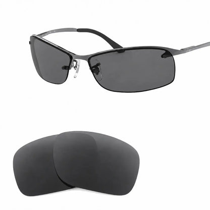 Ray-Ban RB3183 replacement lenses in gray, angled view of the frame with the pair of lenses below · ReFramed