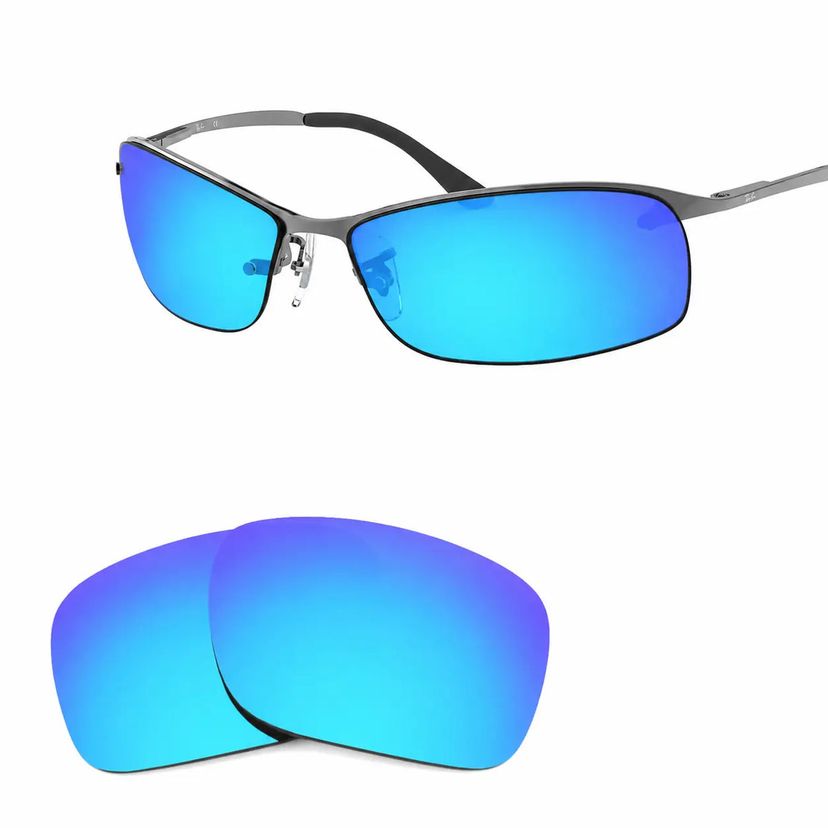 Ray-Ban RB3183 replacement lenses in mirrored blue, angled view of the frame with the pair of lenses below · ReFramed