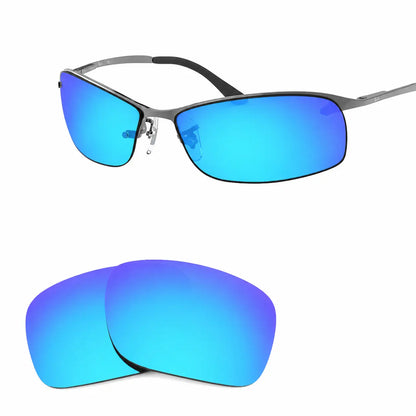 Ray-Ban RB3183 replacement lenses in mirrored blue, angled view of the frame with the pair of lenses below · ReFramed