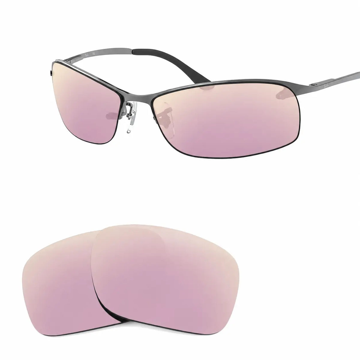 Ray-Ban RB3183 replacement lenses in mirrored pink, angled view of the frame with the pair of lenses below · ReFramed