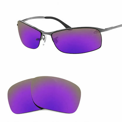 Ray-Ban RB3183 replacement lenses in mirrored purple, angled view of the frame with the pair of lenses below · ReFramed