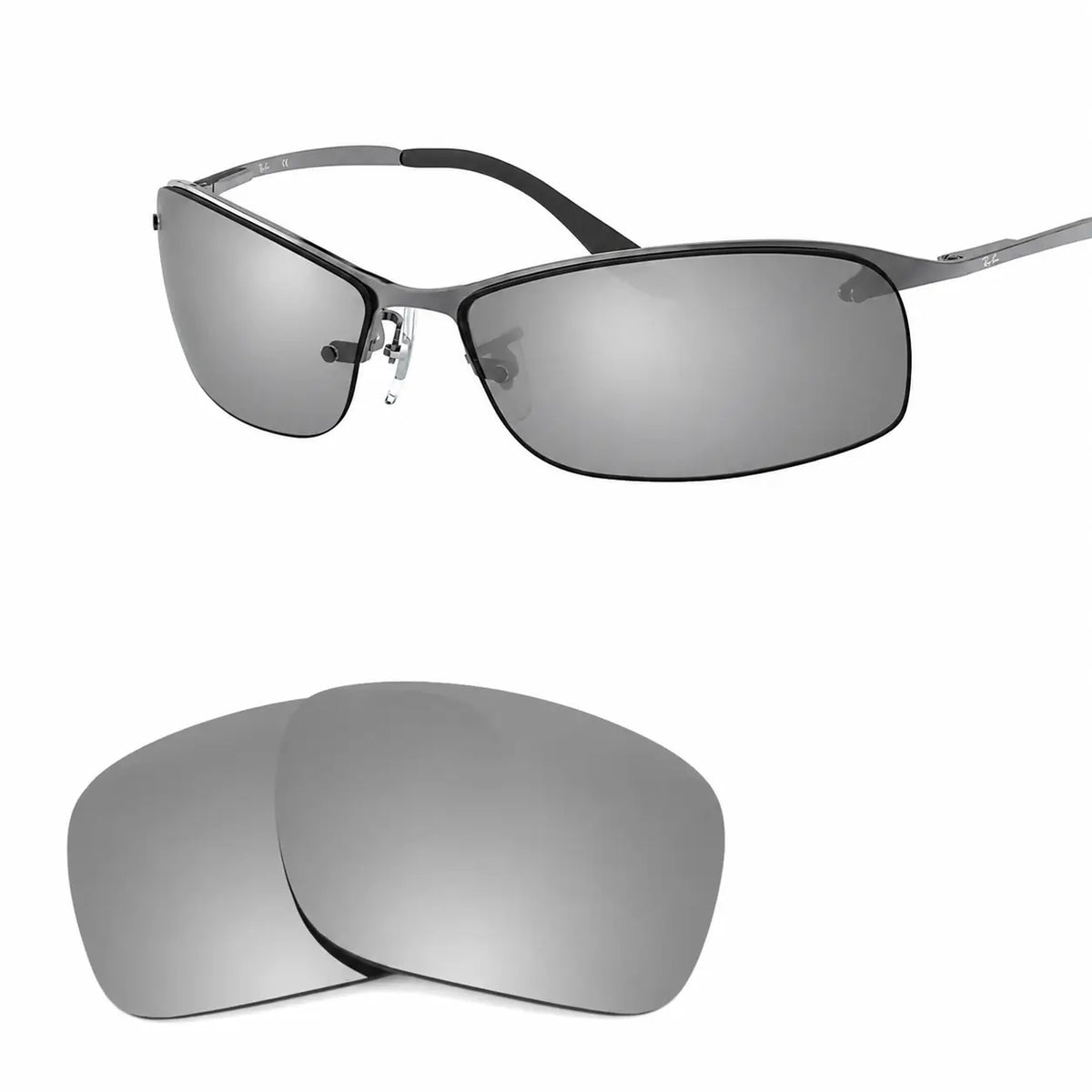 Ray-Ban RB3183 replacement lenses in mirrored silver, angled view of the frame with the pair of lenses below · ReFramed