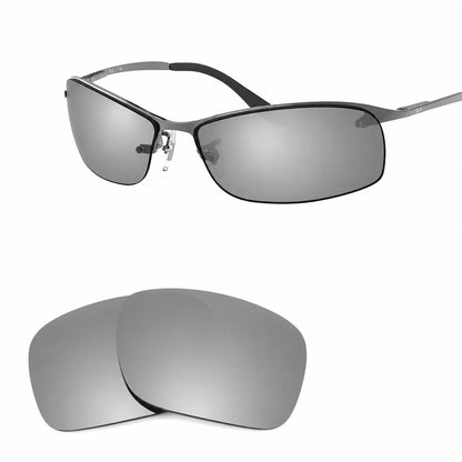 Ray-Ban RB3183 replacement lenses in mirrored silver, angled view of the frame with the pair of lenses below · ReFramed