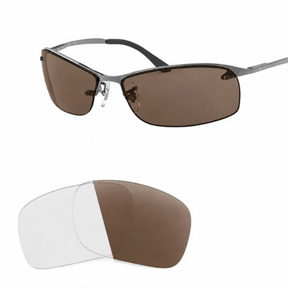 Ray-Ban RB3183 replacement lenses in photochromic brown, angled view of the frame with the pair of lenses below · ReFramed