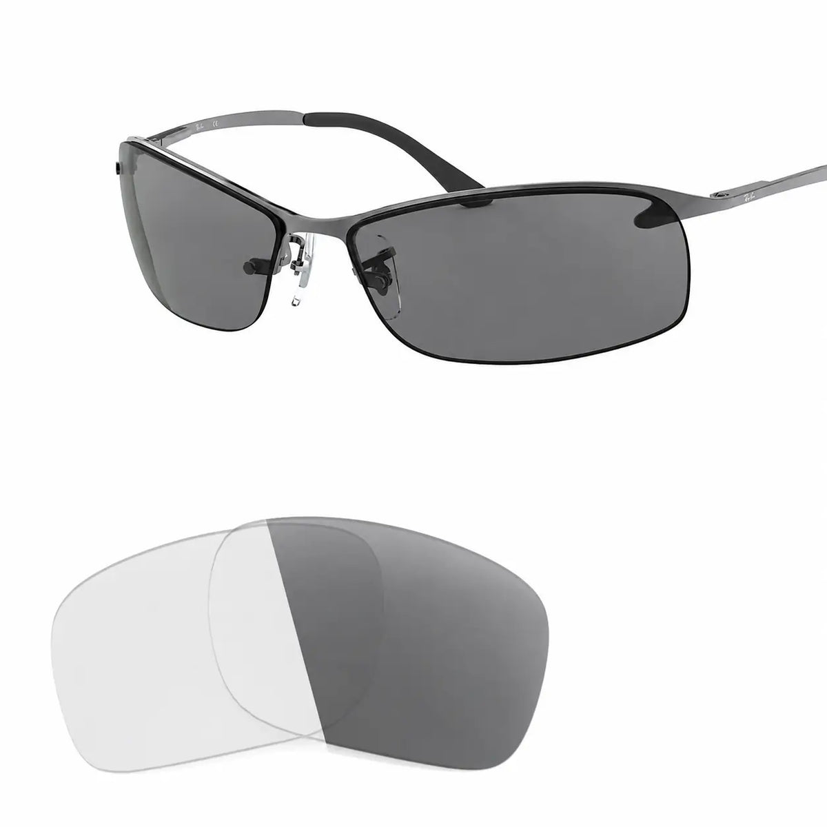 Ray-Ban RB3183 replacement lenses in photochromic gray, angled view of the frame with the pair of lenses below · ReFramed