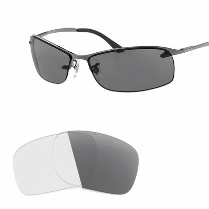 Ray-Ban RB3183 replacement lenses in photochromic gray, angled view of the frame with the pair of lenses below · ReFramed