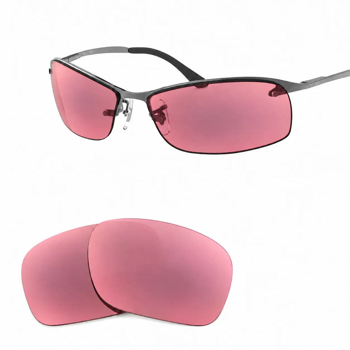 Ray-Ban RB3183 replacement lenses in pink, angled view of the frame with the pair of lenses below · ReFramed