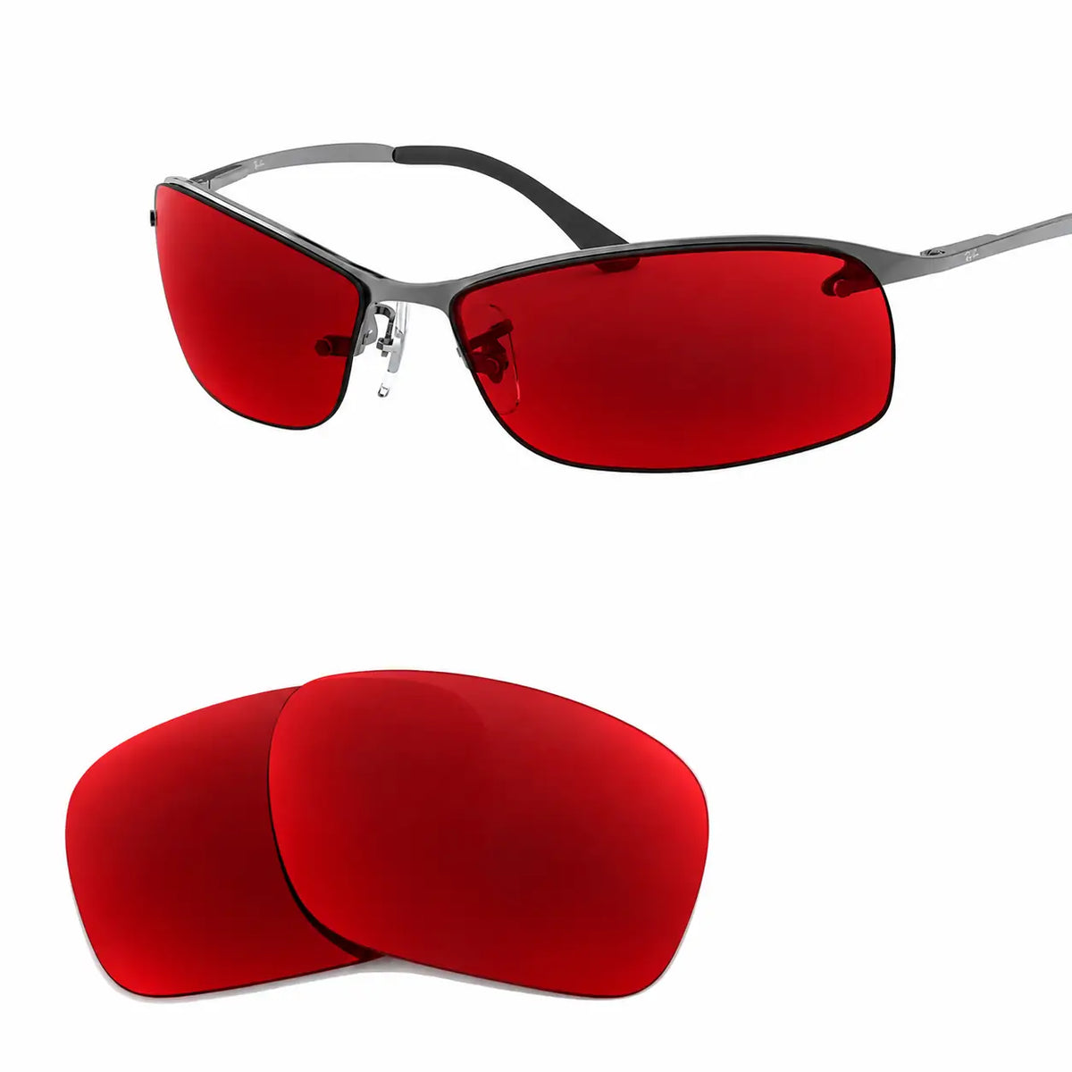 Ray-Ban RB3183 replacement lenses in red, angled view of the frame with the pair of lenses below · ReFramed