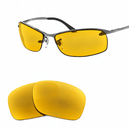 Ray-Ban RB3183 replacement lenses in yellow, angled view of the frame with the pair of lenses below · ReFramed