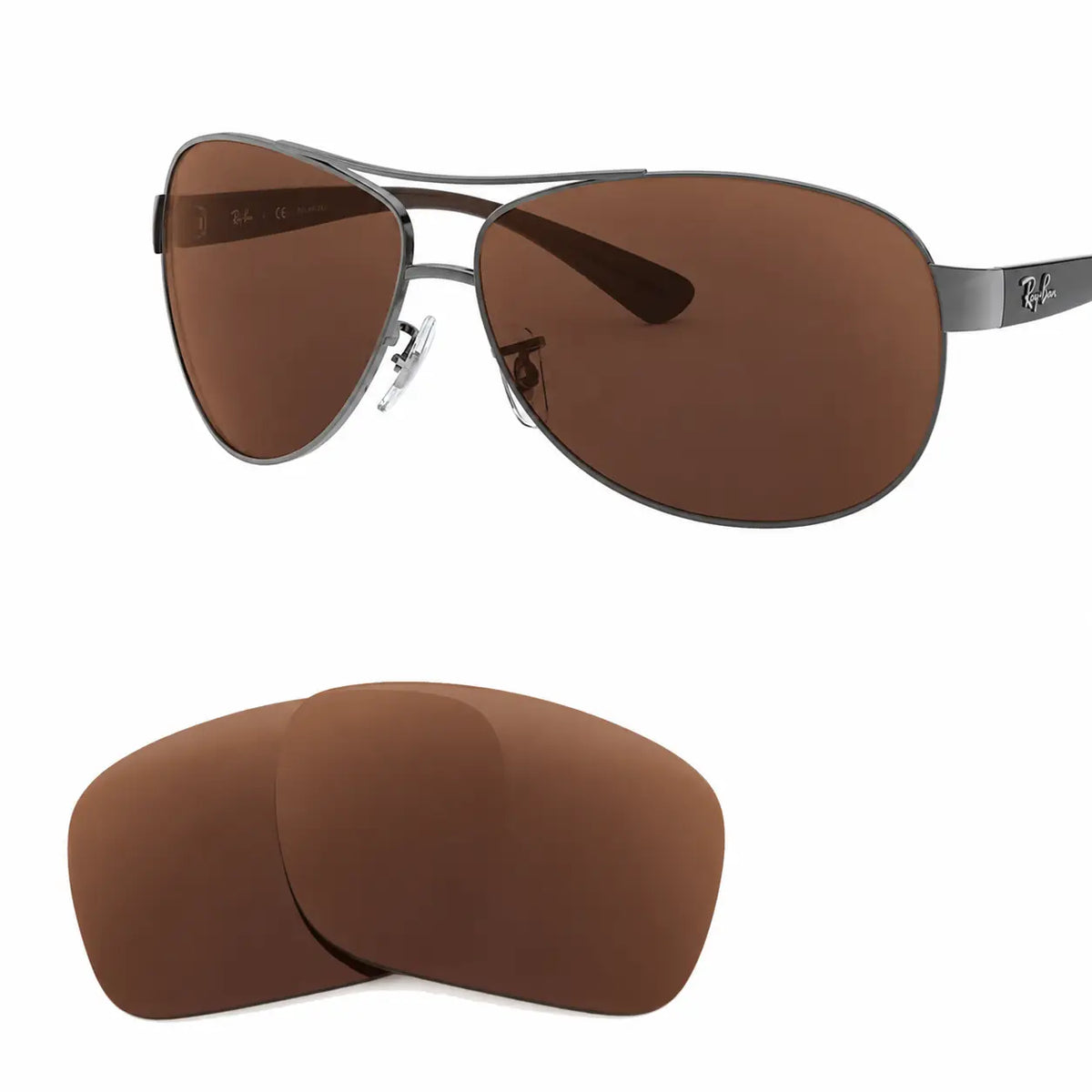Ray-Ban RB3386 replacement lenses in brown, angled view of the frame with the pair of lenses below · ReFramed
