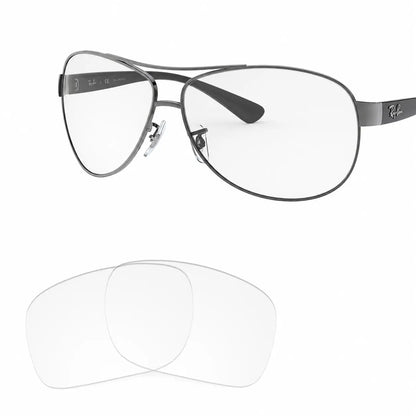 Ray-Ban RB3386 replacement lenses in crystal clear, angled view of the frame with the pair of lenses below · ReFramed