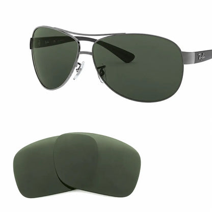 Ray-Ban RB3386 replacement lenses in G15 green, angled view of the frame with the pair of lenses below · ReFramed