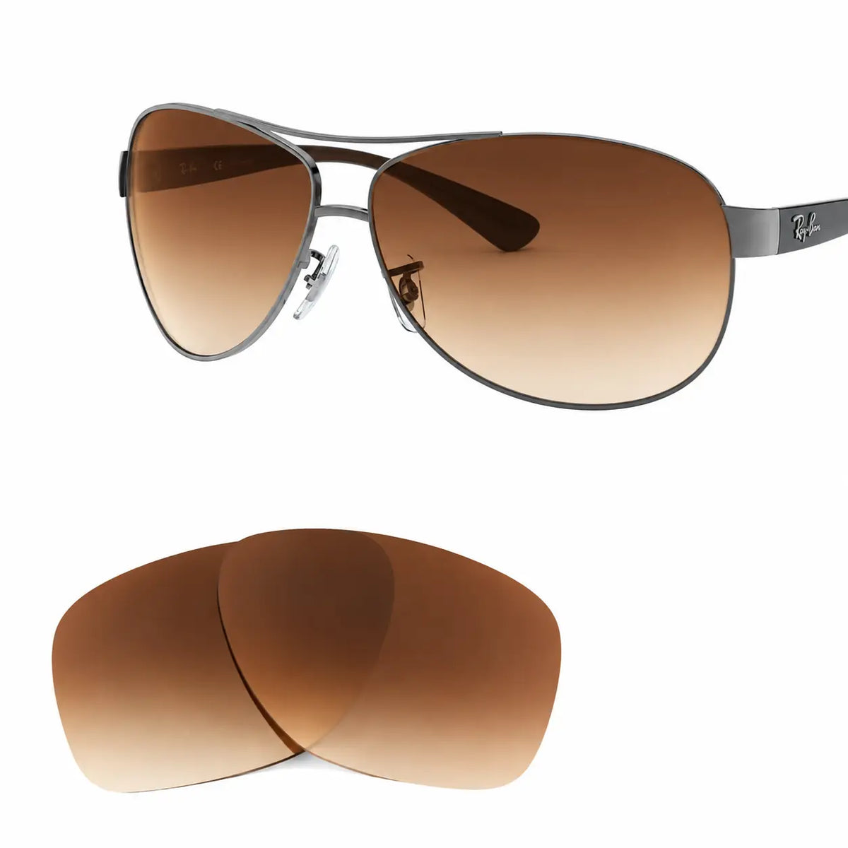 Ray-Ban RB3386 replacement lenses in gradient brown, angled view of the frame with the pair of lenses below · ReFramed