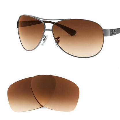 Ray-Ban RB3386 replacement lenses in gradient brown, angled view of the frame with the pair of lenses below · ReFramed