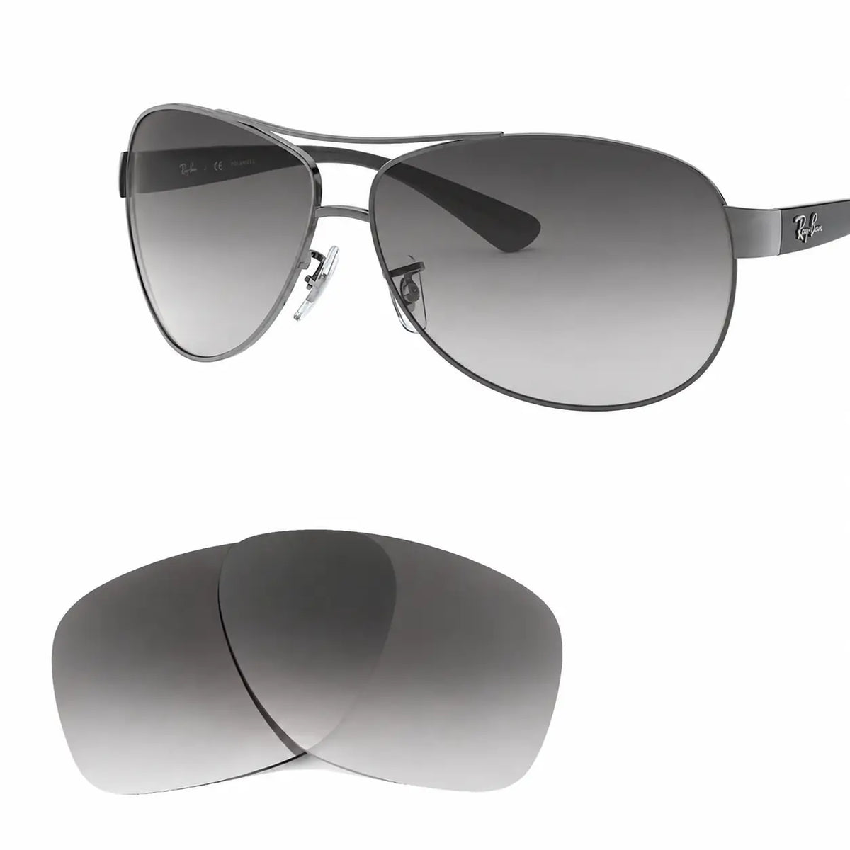 Ray-Ban RB3386 replacement lenses in gradient gray, angled view of the frame with the pair of lenses below · ReFramed