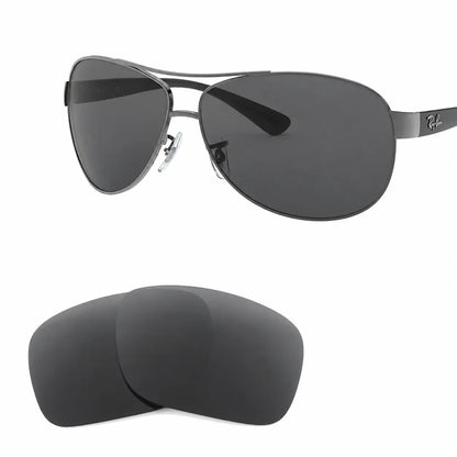 Ray-Ban RB3386 replacement lenses in gray, angled view of the frame with the pair of lenses below · ReFramed