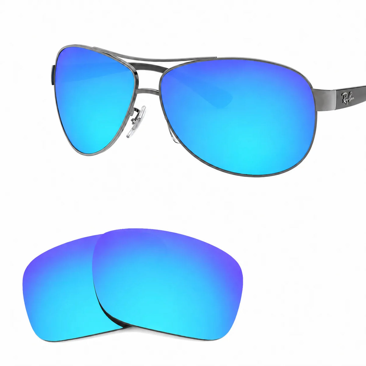 Ray-Ban RB3386 replacement lenses in mirrored blue, angled view of the frame with the pair of lenses below · ReFramed