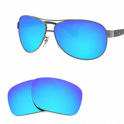 Ray-Ban RB3386 replacement lenses in mirrored blue, angled view of the frame with the pair of lenses below · ReFramed