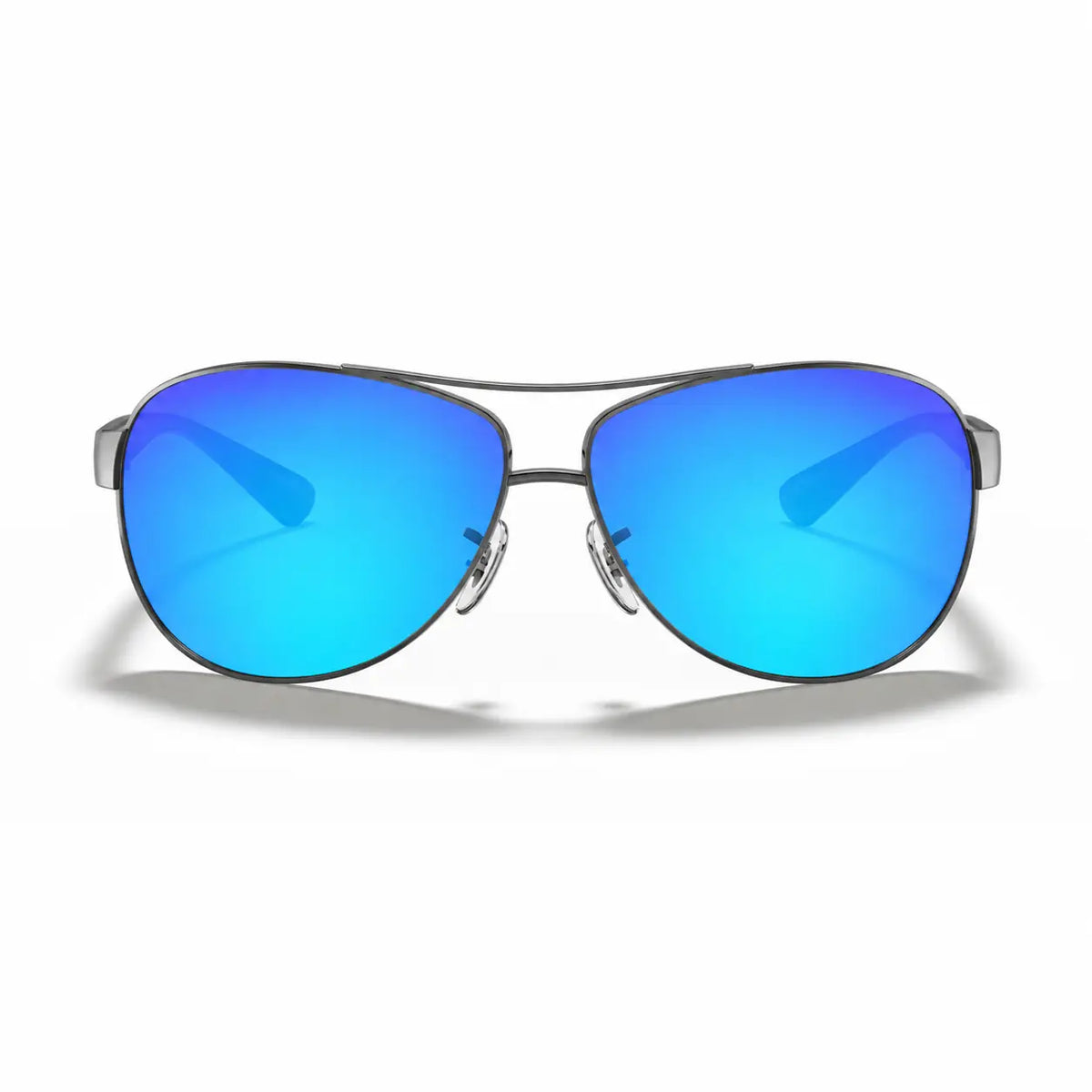 Ray-Ban RB3386 replacement lenses in mirrored blue, front view of the frame fitted with the new lenses · ReFramed
