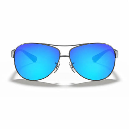 Ray-Ban RB3386 replacement lenses in mirrored blue, front view of the frame fitted with the new lenses · ReFramed