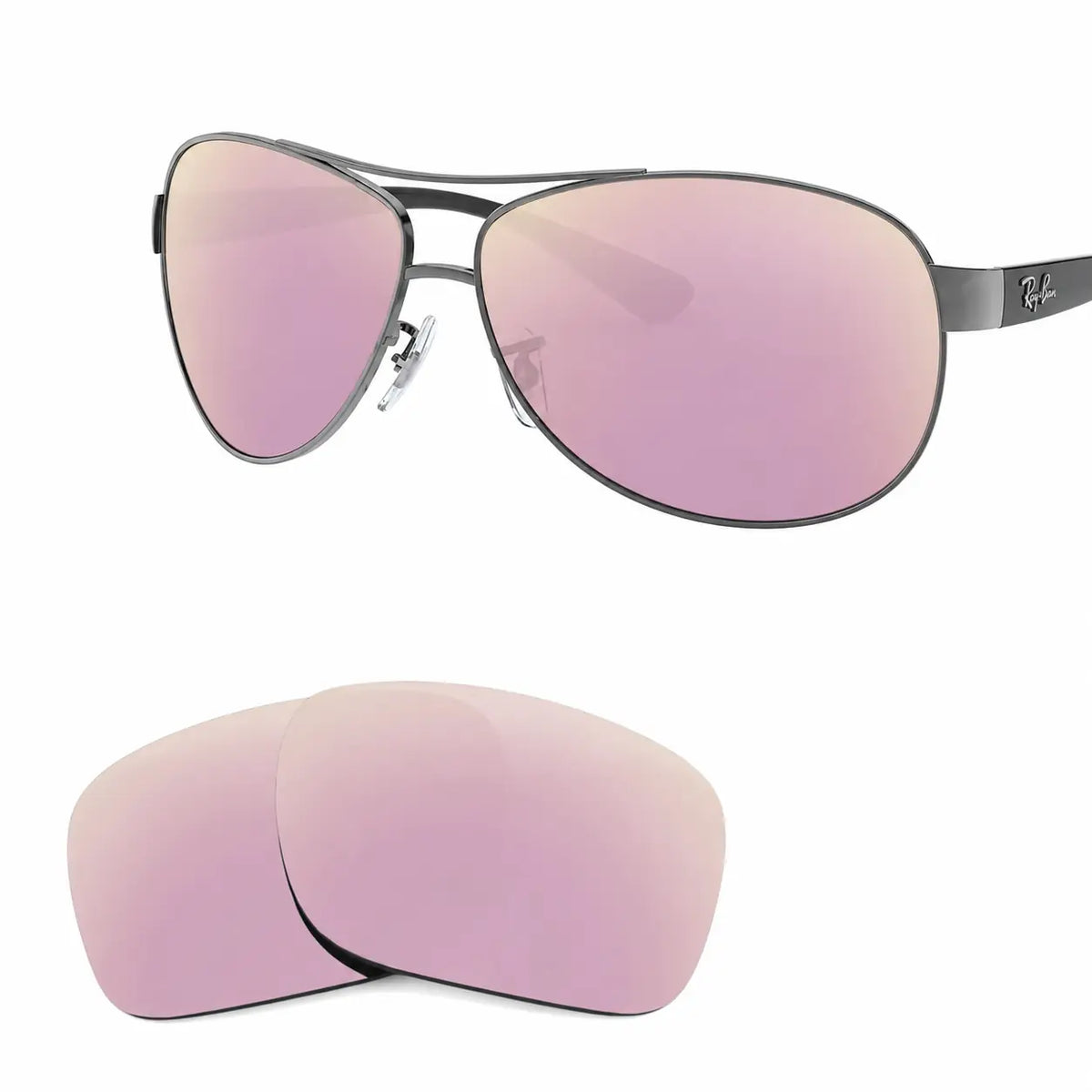 Ray-Ban RB3386 replacement lenses in mirrored pink, angled view of the frame with the pair of lenses below · ReFramed