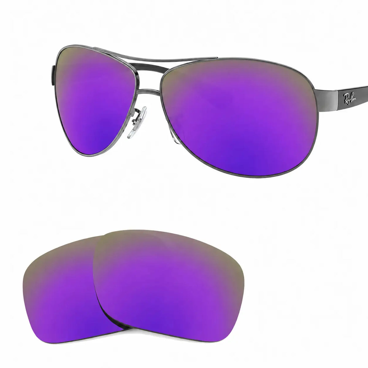 Ray-Ban RB3386 replacement lenses in mirrored purple, angled view of the frame with the pair of lenses below · ReFramed