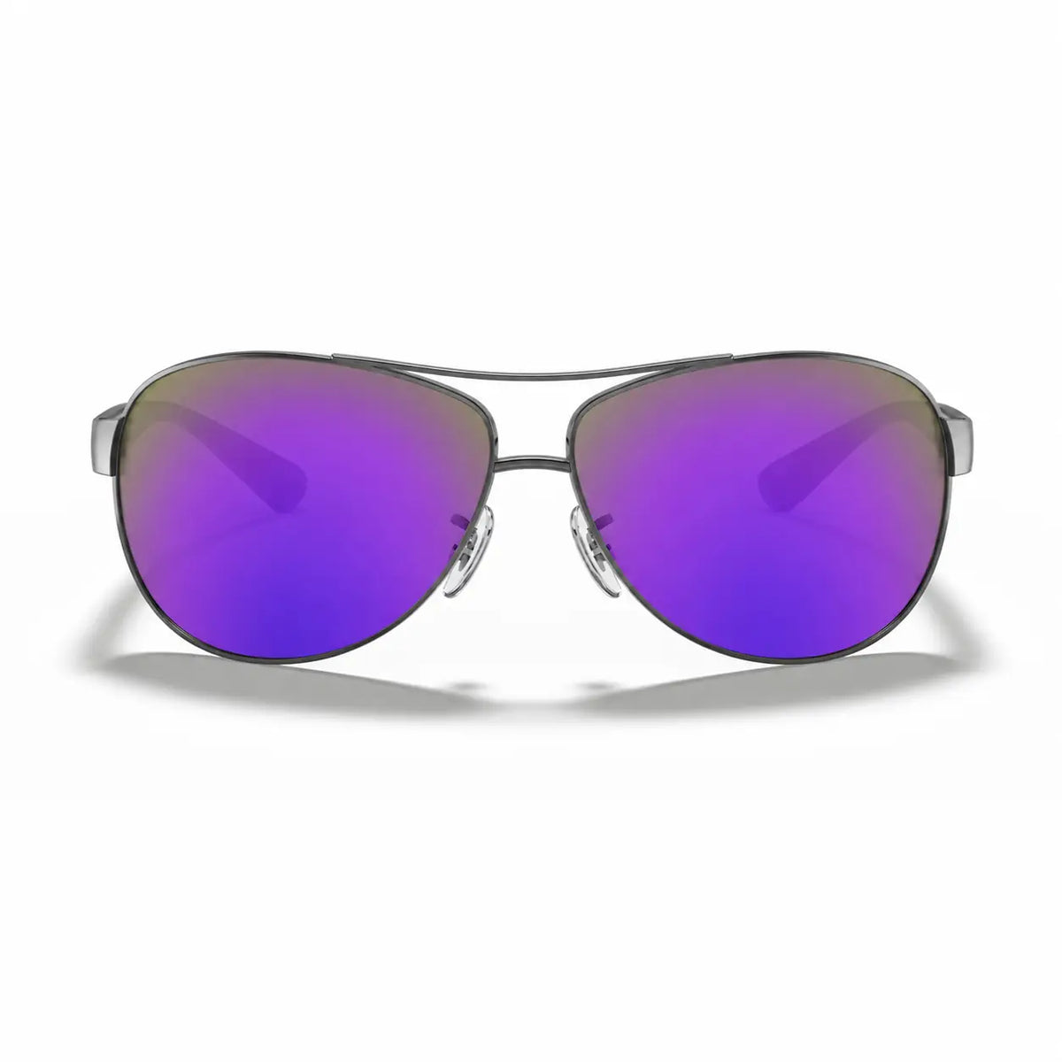 Ray-Ban RB3386 replacement lenses in mirrored purple, front view of the frame fitted with the new lenses · ReFramed
