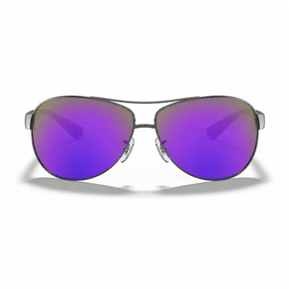 Ray-Ban RB3386 replacement lenses in mirrored purple, front view of the frame fitted with the new lenses · ReFramed