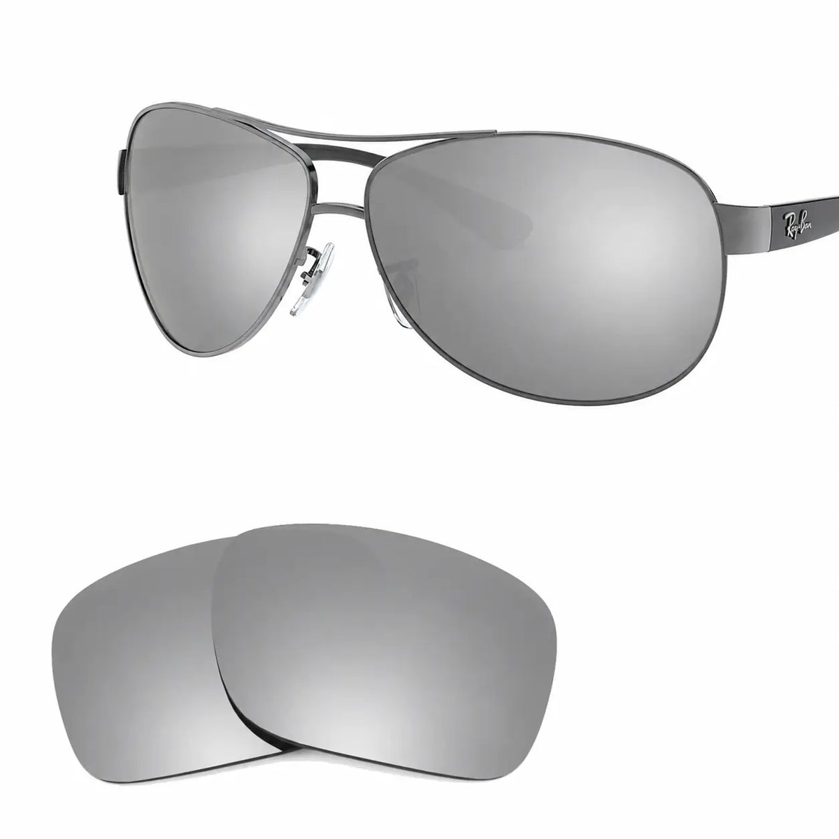 Ray-Ban RB3386 replacement lenses in mirrored silver, angled view of the frame with the pair of lenses below · ReFramed