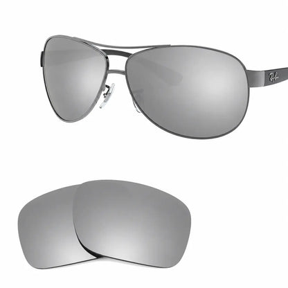 Ray-Ban RB3386 replacement lenses in mirrored silver, angled view of the frame with the pair of lenses below · ReFramed