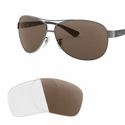Ray-Ban RB3386 replacement lenses in photochromic brown, angled view of the frame with the pair of lenses below · ReFramed