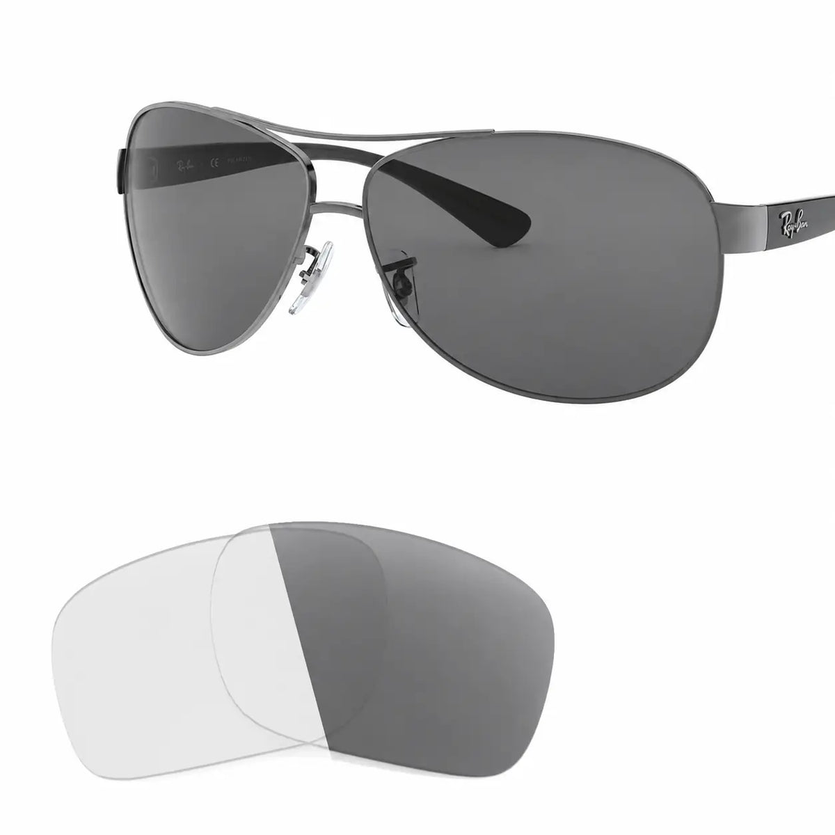 Ray-Ban RB3386 replacement lenses in photochromic gray, angled view of the frame with the pair of lenses below · ReFramed