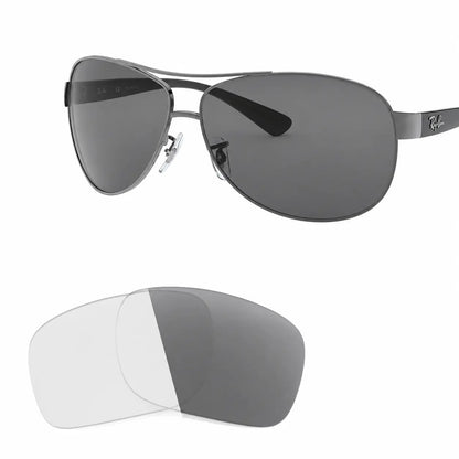 Ray-Ban RB3386 replacement lenses in photochromic gray, angled view of the frame with the pair of lenses below · ReFramed