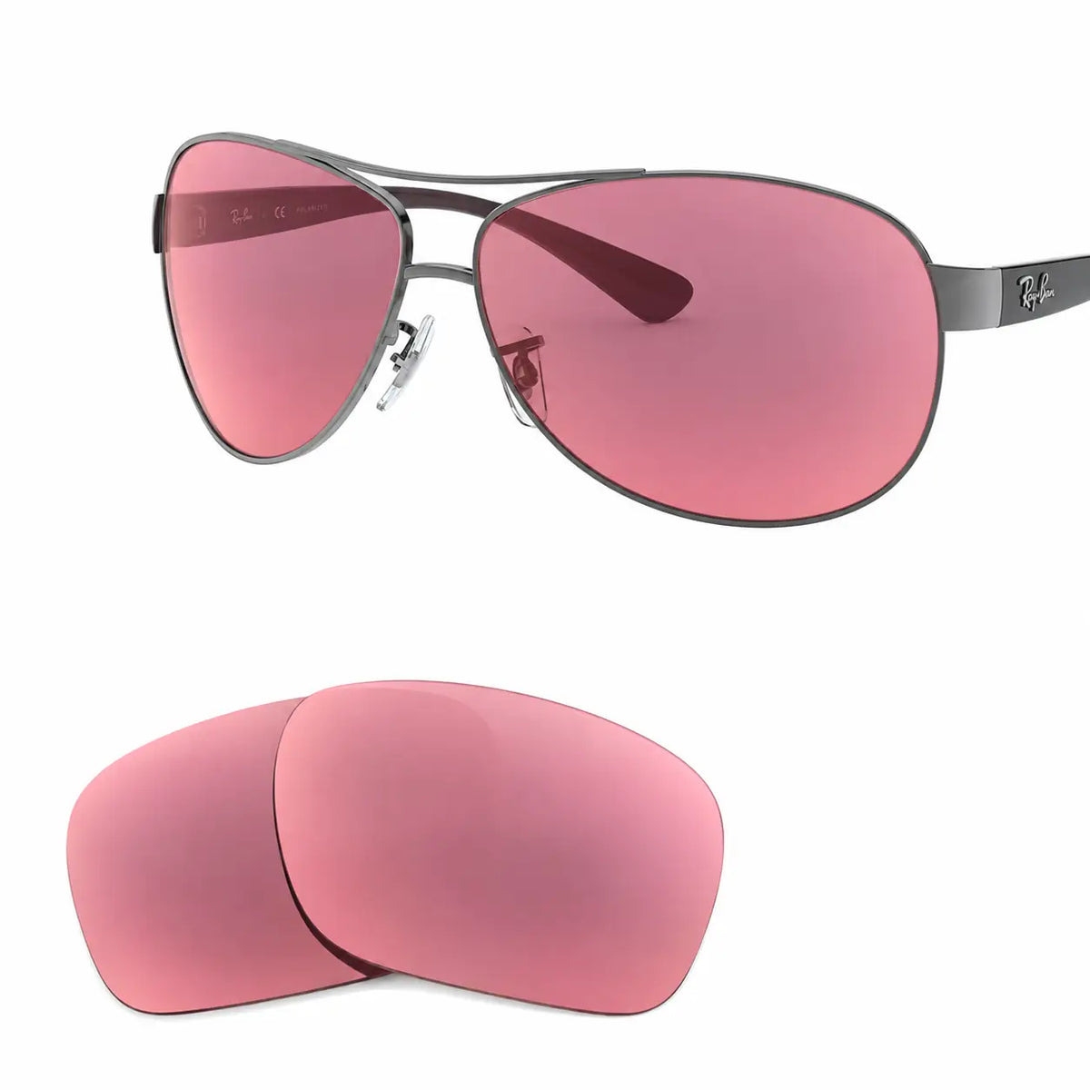Ray-Ban RB3386 replacement lenses in pink, angled view of the frame with the pair of lenses below · ReFramed
