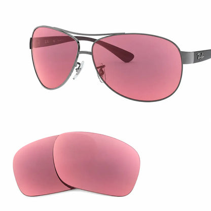 Ray-Ban RB3386 replacement lenses in pink, angled view of the frame with the pair of lenses below · ReFramed