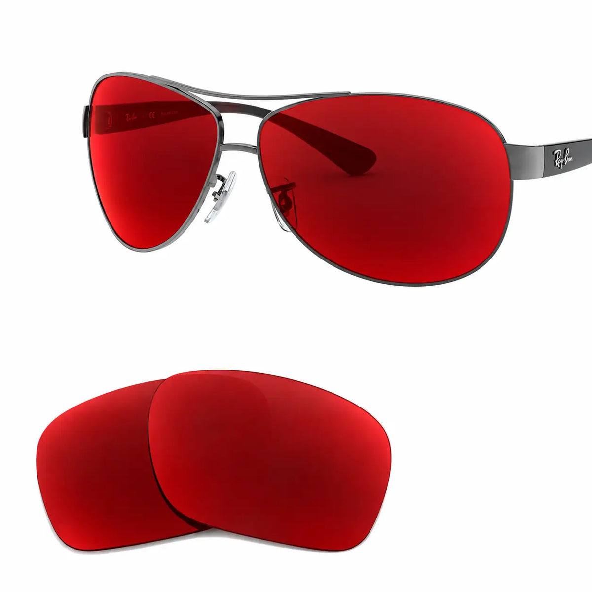 Ray-Ban RB3386 replacement lenses in red, angled view of the frame with the pair of lenses below · ReFramed