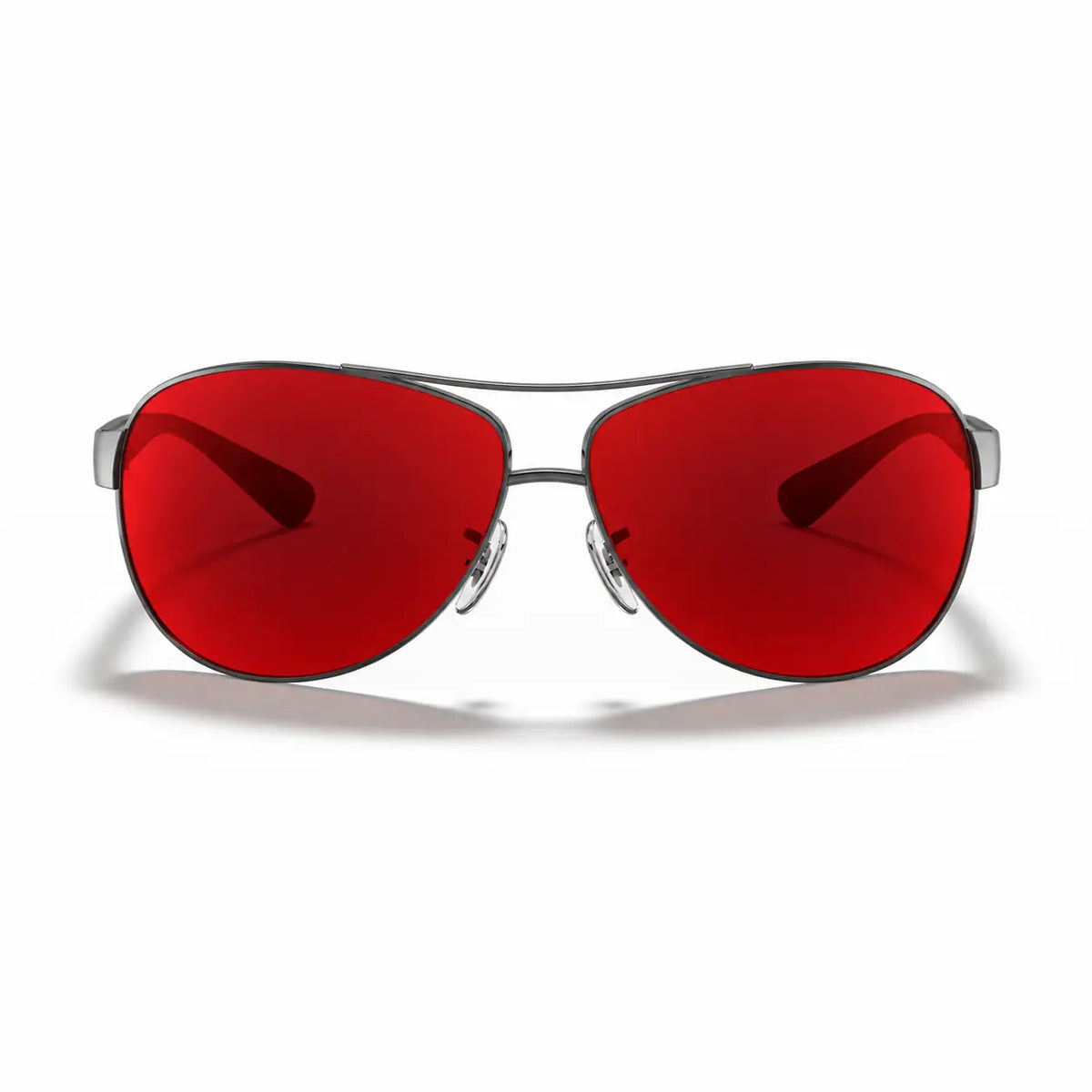 Ray-Ban RB3386 replacement lenses in red, front view of the frame fitted with the new lenses · ReFramed