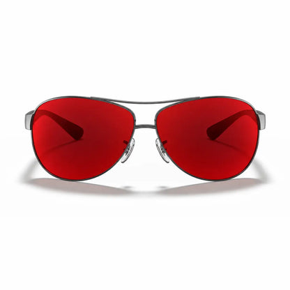 Ray-Ban RB3386 replacement lenses in red, front view of the frame fitted with the new lenses · ReFramed