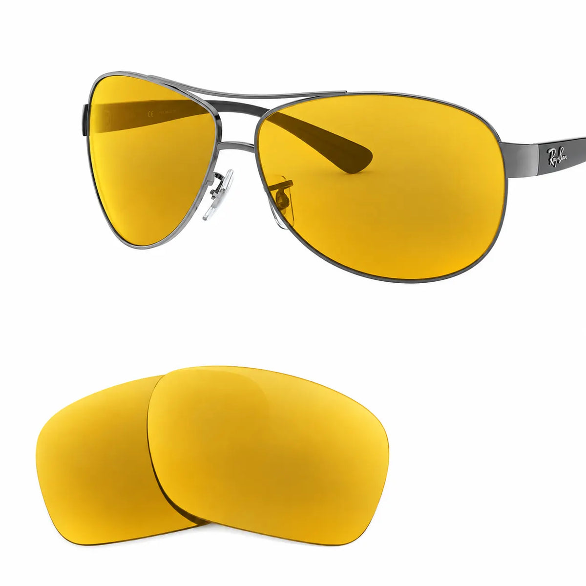 Ray-Ban RB3386 replacement lenses in yellow, angled view of the frame with the pair of lenses below · ReFramed